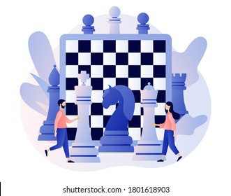 Chess game. Chess pieces. Board games. Tiny people playing and winning. Business strategy. Teamwork and competition. Modern flat cartoon style. Vector illustration on white background