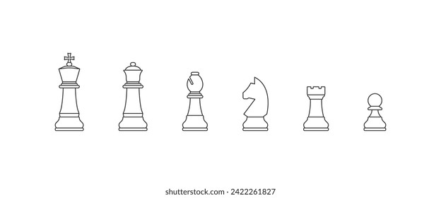 Chess game pieces, figures set outline icon. Isolated vector illustration