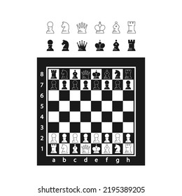 Chess Game Pieces On Chessboard Top View. Black and White Figures King, Queen, Rook, Knight, Bishop, Pawn on Board. Game Elements, Icons Isolated On White Background. Cartoon Vector Illustration
