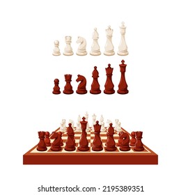 Chess Game Pieces On Chessboard and Stand in Row. Figures King, Queen, Rook, Knight, Bishop, Pawn Isolated On White Background. Strategy Sport Game Graphic Elements. Cartoon Vector Illustration, Icons