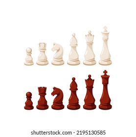 Chess Game Pieces Stand in Row, White and Brown Figures King, Queen, Rook, Knight, Bishop, Pawn Isolated On White Background. Strategy Game Club Graphic Elements, Icons. Cartoon Vector Illustration