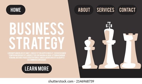 Chess game pieces as symbols of business strategy, landing page template, flat vector illustration. Web banner with bishop, rook and king, abstract concept of career achievement and competition.