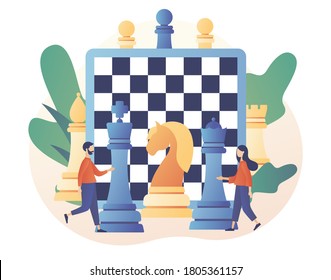 Chess game. Chess pieces. Tiny people playing and winning. Business strategy. Teamwork and competition. Board games. Modern flat cartoon style. Vector illustration on white background