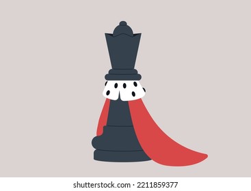 Chess game, a Queen piece wearing a red royal mantle with white and black fur