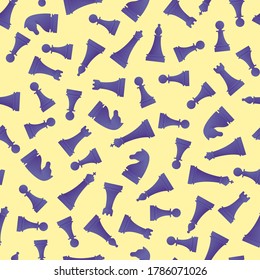 Chess game seamless pattern in cartoon style. Various blue chess figures on yellow background. Chess sport competition wallpaper template. Intellectual and strategy game vector illustration.
