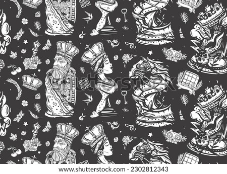 Chess game seamless pattern. White king and black queen. Gambit. Pieces and board. Fiery knight and burning rook. Old school tattoo style. Checkmate background. Traditional tattooing art