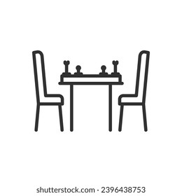 Chess game, table with chessboard and chairs, linear icon. Line with editable stroke