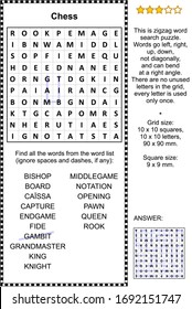 Chess game themed zigzag word search puzzle (suitable both for kids and adults). Answer included.