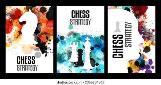 Chess game tournament poster. Stratagy concept. Vertical vector posters with paint splash design elements