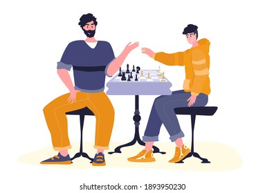 Chess game. Trendy flat illustration. People play chess.Teamwork and competition. Chess pieces. Vector graphics.