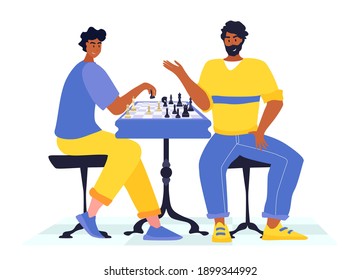 Chess game. Trendy flat illustration. People play chess.Teamwork and competition. Chess pieces. Vector graphics.