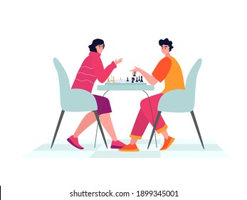 Chess game. Trendy flat illustration. People play chess.Teamwork and competition. Chess pieces. Vector graphics.