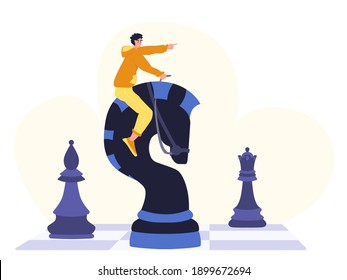 Chess game. Trendy flat illustration. People play chess.Teamwork and competition. Chess pieces. Vector graphics.