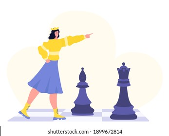 Chess game. Trendy flat illustration. People play chess.Teamwork and competition. Chess pieces. Vector graphics.