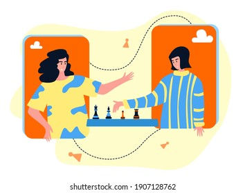 Chess game. Trendy flat illustration. People play chess.Teamwork and competition. Chess pieces. Vector graphics.