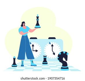 Chess game. Trendy flat illustration. People play chess.Teamwork and competition. Chess pieces. Vector graphics.