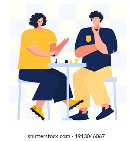 Chess game. Trendy flat illustration. People play chess.Teamwork and competition. Chess pieces. Vector graphics.