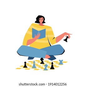 Chess game. Trendy flat illustration. People play chess.Teamwork and competition. Chess pieces. Vector graphics.