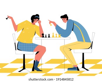 Chess game. Trendy flat illustration. People play chess.Teamwork and competition. Chess pieces. Vector graphics.