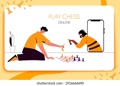 Chess game. Trendy flat illustration. People play chess.Teamwork and competition. Chess pieces. Vector graphics.