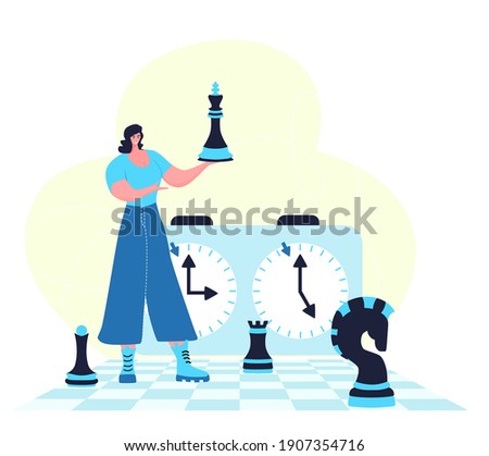 Chess game. Trendy flat illustration. People play chess.Teamwork and competition. Chess pieces. Vector graphics.