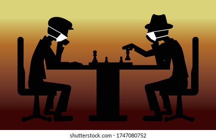 chess game, two senior people wearing medical masks, vector illustration