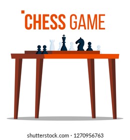 Chess Game Vector. Figures On The Table. Pieces. Logical Sport Game Tournament. Isolated Flat Cartoon Illustration