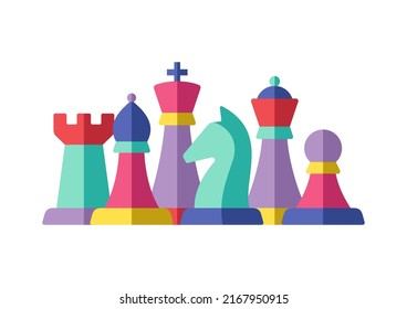 Chess. Group of chess pieces. Bright abstract illustration. Rook, bishop, king, knight, queen, pawn.