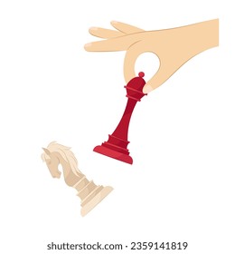 
Chess. A hand holds a chess piece on a white background. The rook beats the knight. Chess composition in flat style.