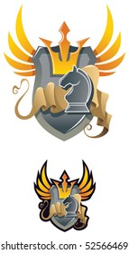 Chess heraldic emblem, with crown and chess knight, vector illustration