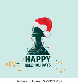 Chess Holiday Tournament Design element. Pawn chess piece wearing Santa's Hat and decorated with Christmas Festive garland.