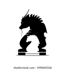 chess horse vector design shaded by a red eyed dragon on a white background, icon, symbol and logo