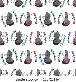 Chess horses and bishops. Seamless pattern on a white background. Cute vector illustration.