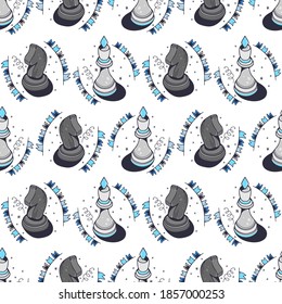 Chess horses and queens. Seamless pattern on a white background. Cute vector illustration.