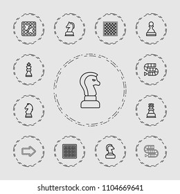 Chess icon. collection of 13 chess outline icons such as dice game, board game. editable chess icons for web and mobile.