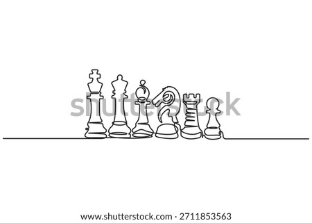 Chess icon continuous one line drawing minimalist outline vector illustration.Continuous line drawing of chess pieces,Chess king knight rook minimalist outline vector.Strategy Games Continuous Line.