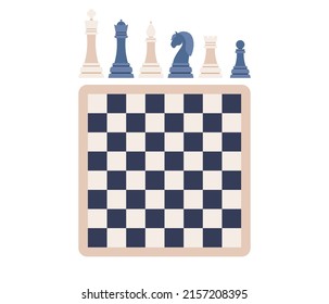 Chess icon. Chess figures and chessboard. King, Queen, rook, knight, Bishop, pawn. Vector flat illustration