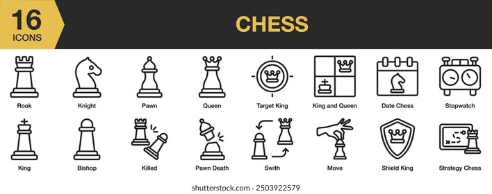 Chess icon set. Includes bishop, killed, pawn death, stopwatch, king, strategy chess, and More. Outline icons vector collection.