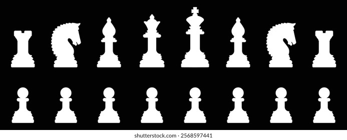 Chess icon set. Chess silhouettes vector icons. Chess black flat icons. Vector chess isolated on black background. vector illustration