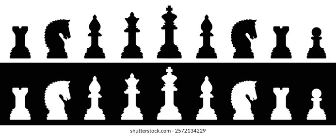 Chess icon set. Chess silhouettes vector icons black and white background. Chess flat icons. Vector chess isolated on black background. vector symbols.