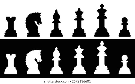  Chess icon set. Chess silhouettes vector icons. Chess black and white flat icons. Vector chess isolated on black background. vector symbols.