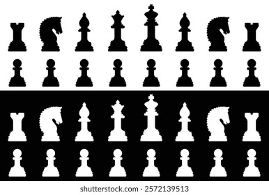  Chess icon set. Chess silhouettes vector icons. Chess black and white flat icons. Vector chess isolated on black background. vector symbols. vector icons.