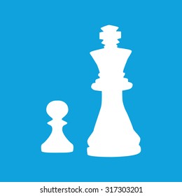 Chess icon, simple white image of pawn and king, isolated on blue background