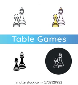 Chess icon. Traditional board game, intellectual activity. Linear black and RGB color styles. Professional sport, strategic tabletop game. King and pawn figures isolated vector illustrations