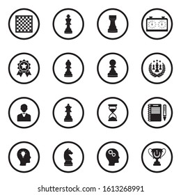 Chess Icons. Black Flat Design In Circle. Vector Illustration.