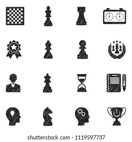 Chess Icons. Black Scribble Design. Vector Illustration.