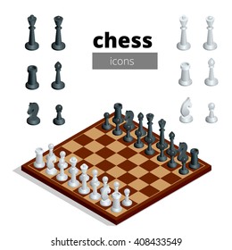 Chess icons. Flat 3d isometric vector illustration. White board with chess figures on it. Intelligent, strategic game. 