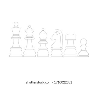 Chess icons. King, queen, pawn, rook, horse, bishop Six pieces Outline style Vector Illustration Symbol sign