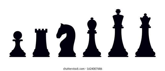 Chess icons. King, Queen, rook, knight, Bishop, pawn. Vector chess isolated on white background. Silhouettes of chess pieces. Black and white. Chessboard. Playing chess on the Board