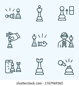 Chess icons line style set with hand with bishop, pawn beats pawn, chess rook strategy elements. Isolated vector illustration chess icons.